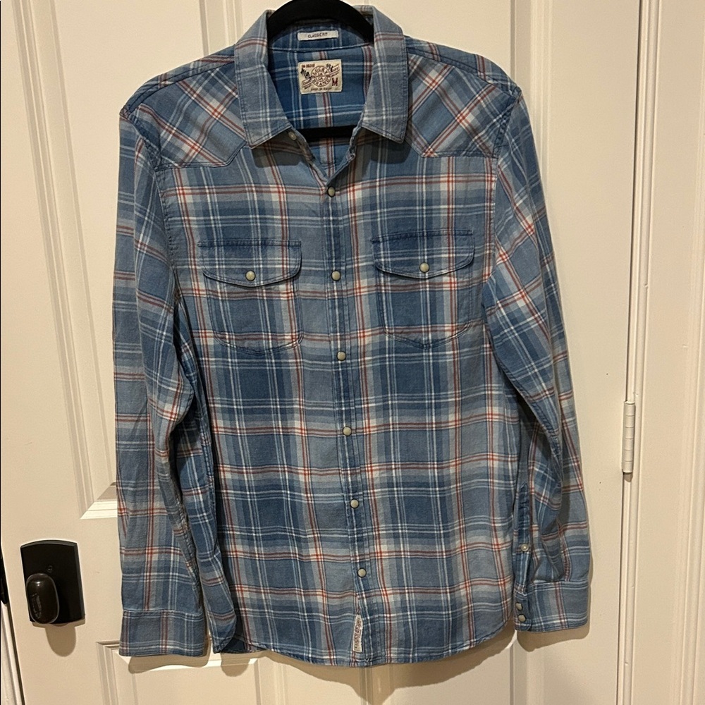 Lucky Brand Blue and Red Plaid Men's Pearl Snap Western Style Shirt